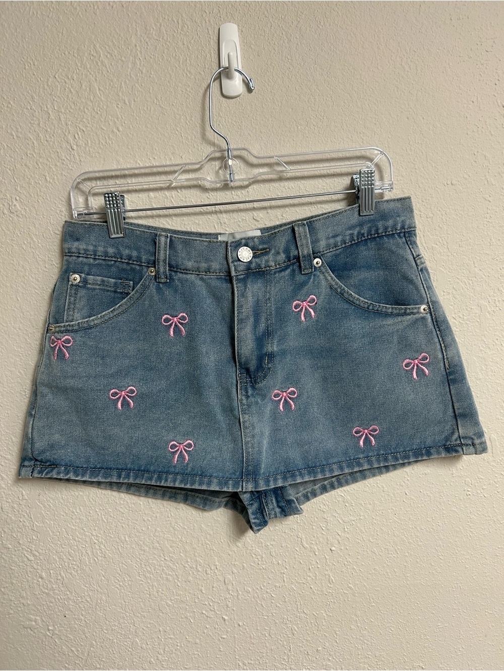 J For Justify Pink Bow Embroidered Denim Mini Skort Skirt Womens Size Medium M